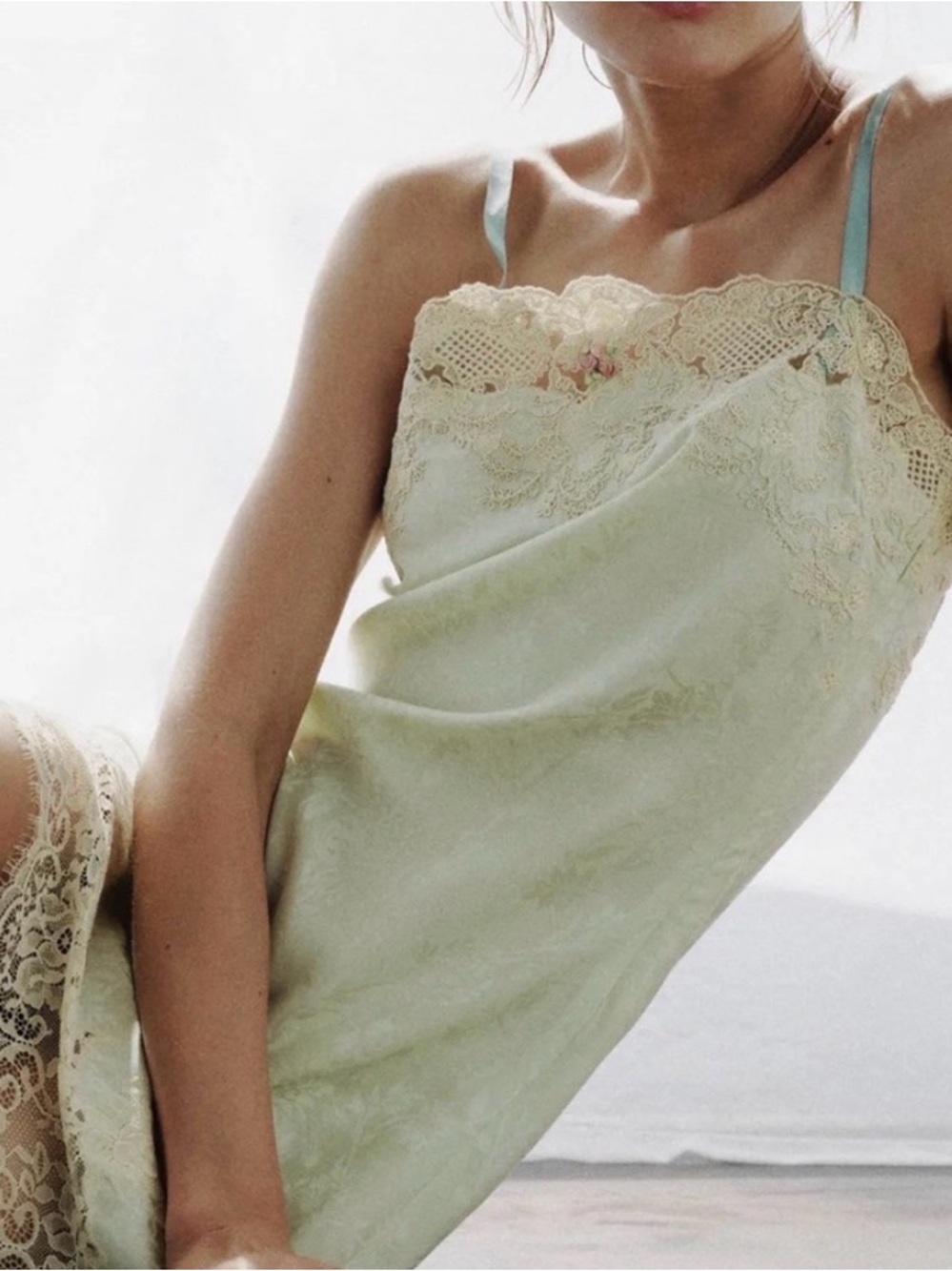 Silk Lace Trim Slip Dress in Sage Green - Picture 2 of 4